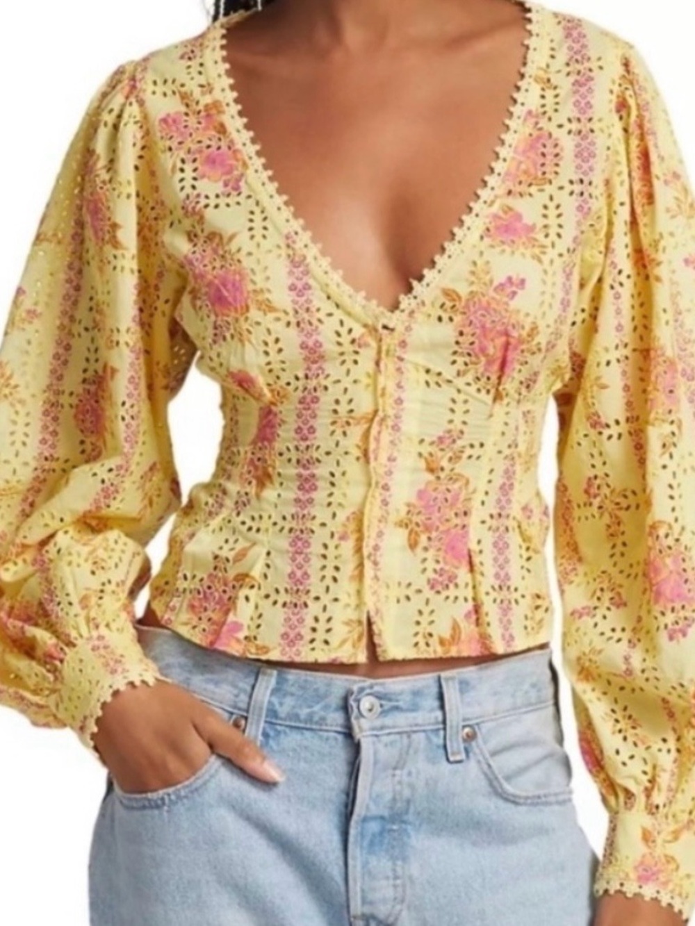 Free People Yellow Blossom Eyelet Floral Blouse Small